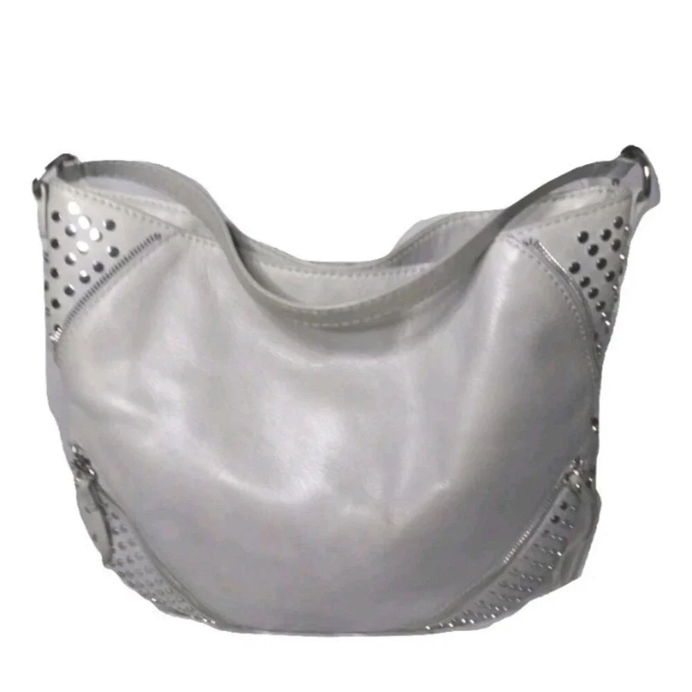 She+Lo  Leather Hobo Shoulder Bag  Studs Tassel Boho Bag Gray Taupe Retail $280